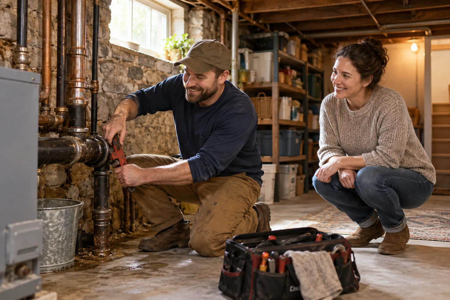 A homeowner in Woodbury talking calmly with a local plumbing provider in a basement
