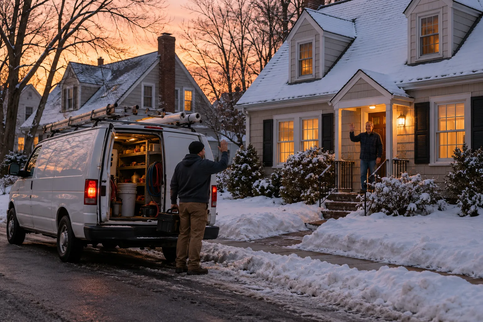 A snowy street of older Cape Cod style homes in the Woodbury area